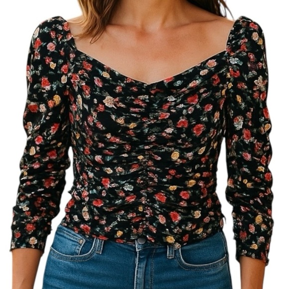 ZARA Blouse Limited edition Multicolor Ruched Long sleeves Floral Size XS - Picture 1 of 8